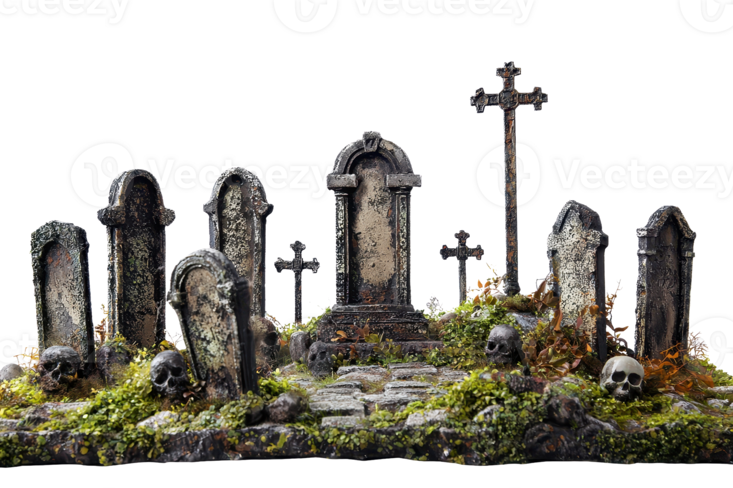 Eerie, overgrown graveyard with old tombstones and skulls, covered in moss and surrounded by a haunting atmosphere. png