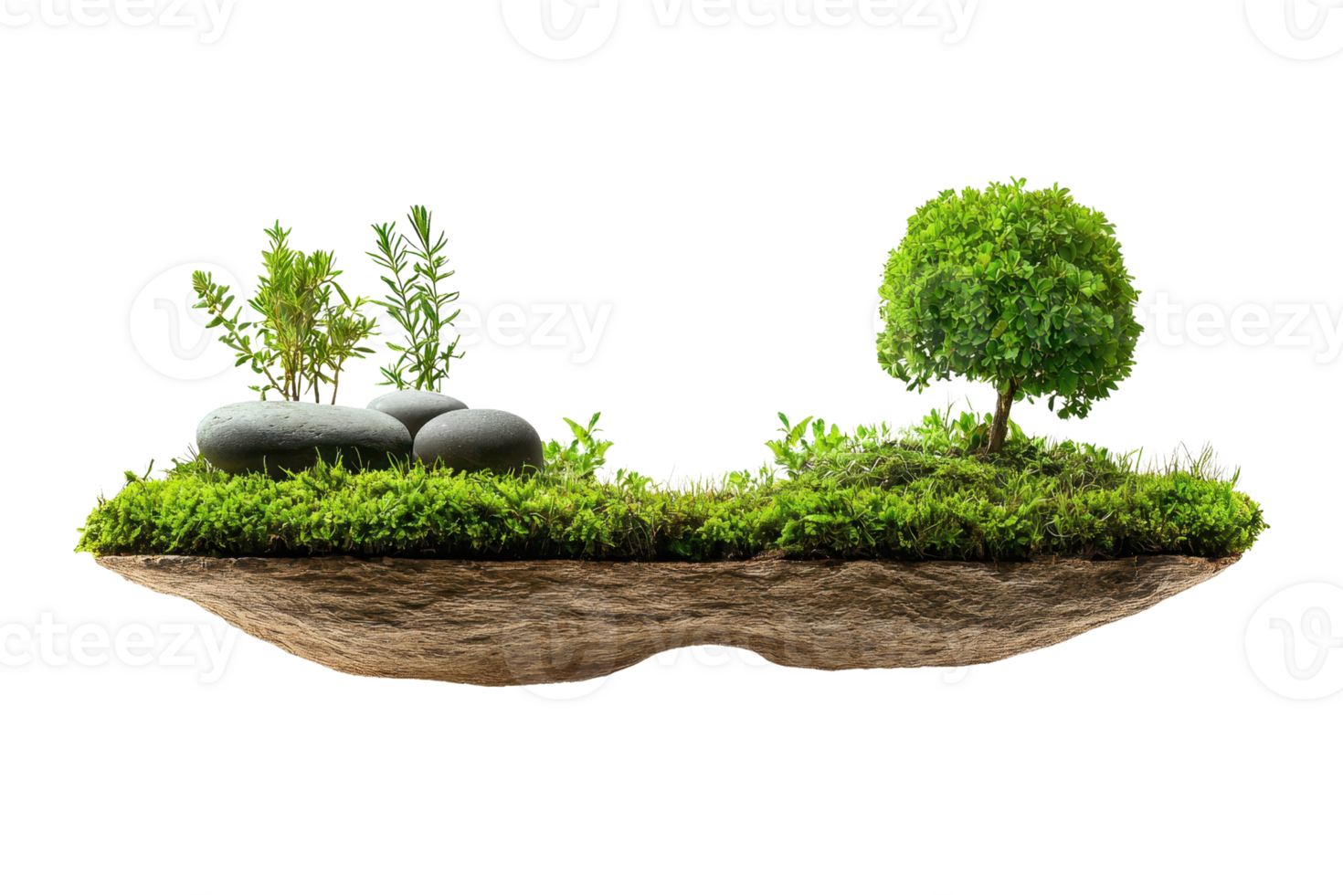 Floating island with green plants and stones, isolated on transparent background. representing nature, growth, and ecology. png