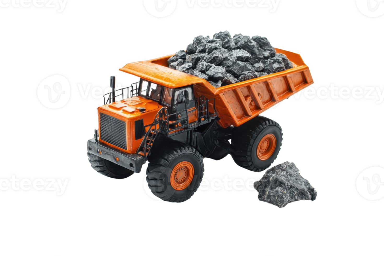 Heavy-duty orange dump truck loaded with rocks, isolated on a transparent background. ideal for construction and mining industry visuals. png