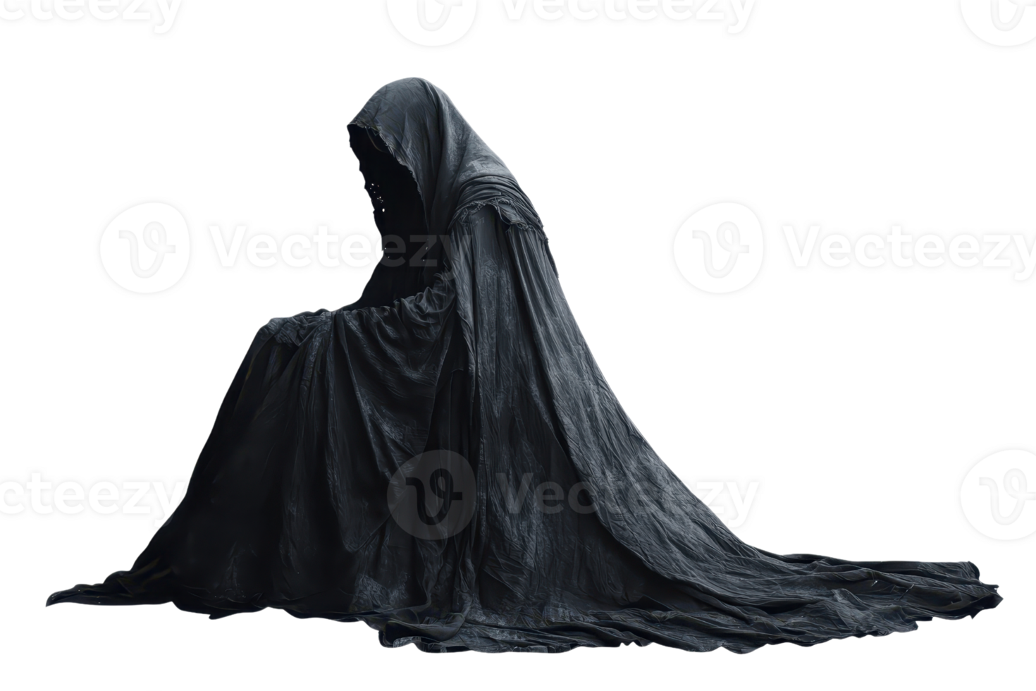 Hooded figure in a dark cloak sitting with a mysterious and eerie presence, symbolizing death or the grim reaper. Isolated on transparent background. png