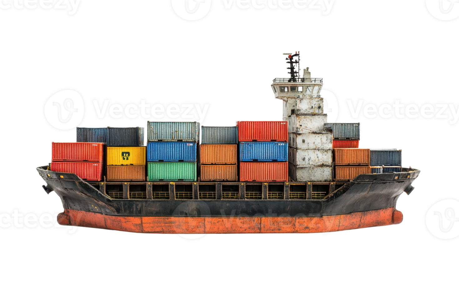 Large cargo ship loaded with colorful shipping containers, isolated on a transparent background. Ideal for maritime and logistics concepts. png