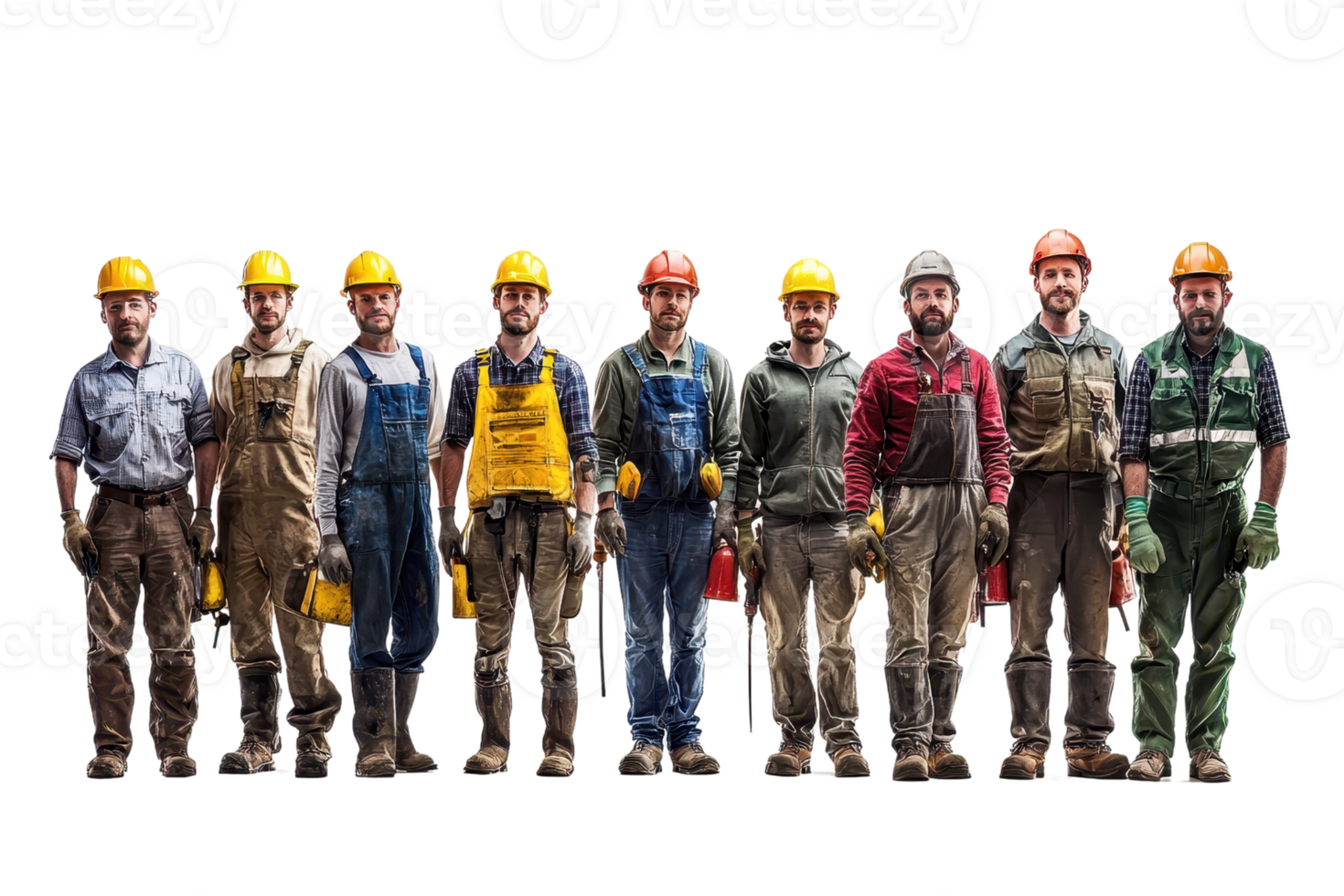 Group of construction workers in safety helmets and uniforms standing in a line, showcasing teamwork and diversity on a transparent background. png
