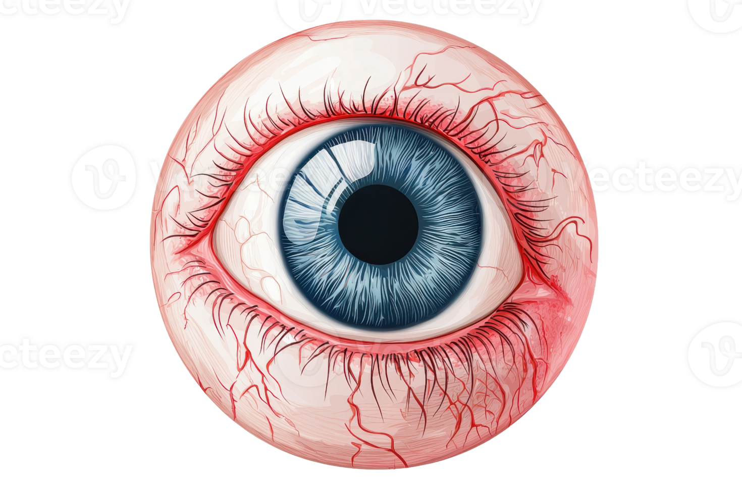 Illustration of a detailed human eye with blue iris, showing striking details of veins and texture, isolated on a transparent background. png