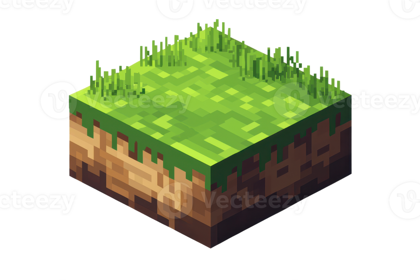 Isometric pixel art of a grassy land block with dirt layers, perfect for game design or educational use, isolated on a transparent background. png