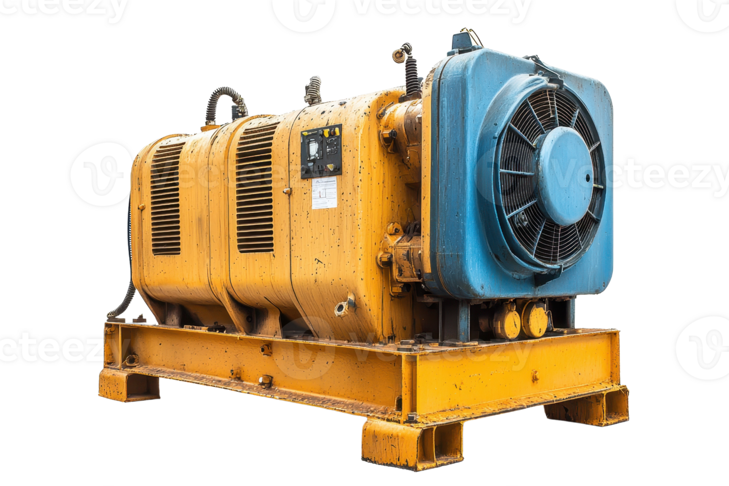 Industrial vacuum pump isolated on transparent background. Heavy-duty machinery equipment in yellow and blue for industrial applications. png