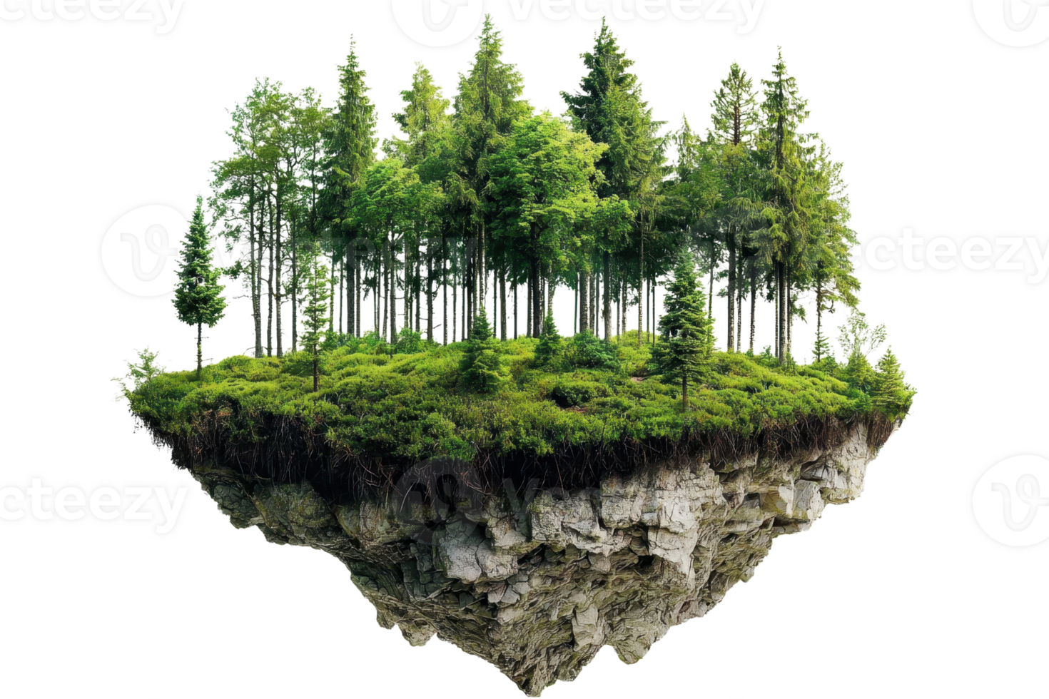 Floating island with lush green forest, isolated on transparent background. Surreal and magical natural scenery. Ideal for fantasy concepts. png