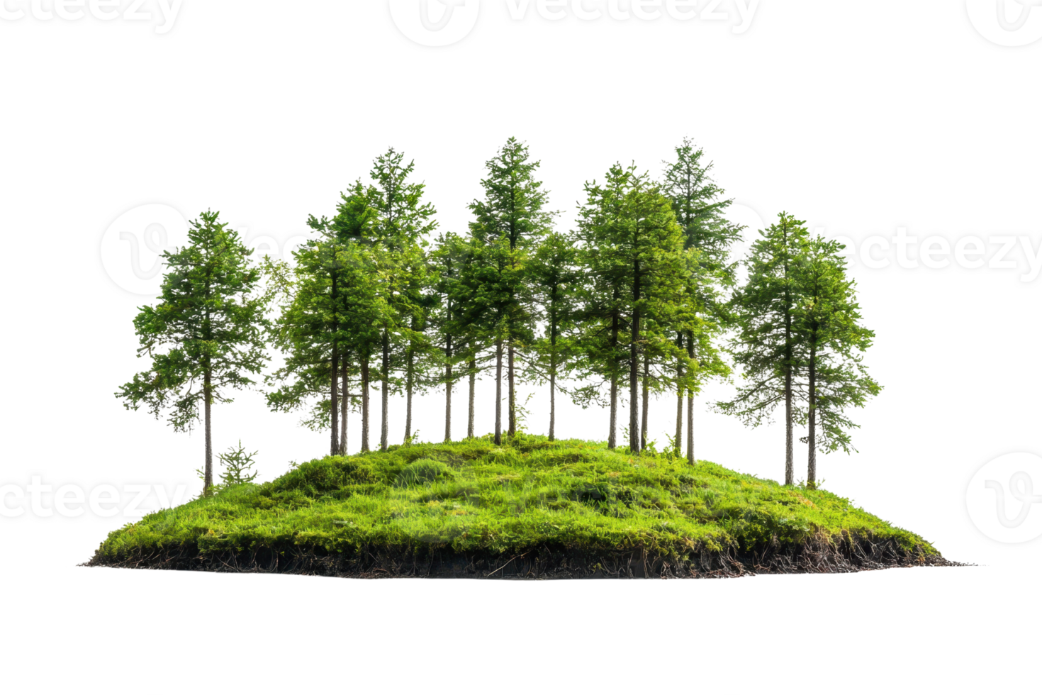Lush green pine trees growing on a small mound of vibrant moss, isolated on a transparent background. png