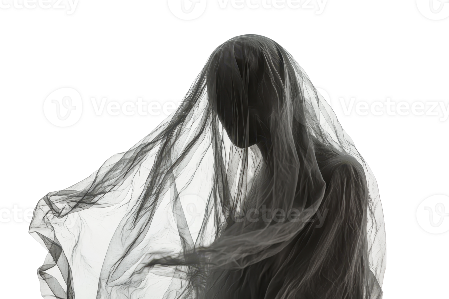 Mysterious figure covered in flowing sheer fabric, creating an eerie and ethereal atmosphere. Isolated on a transparent background. png