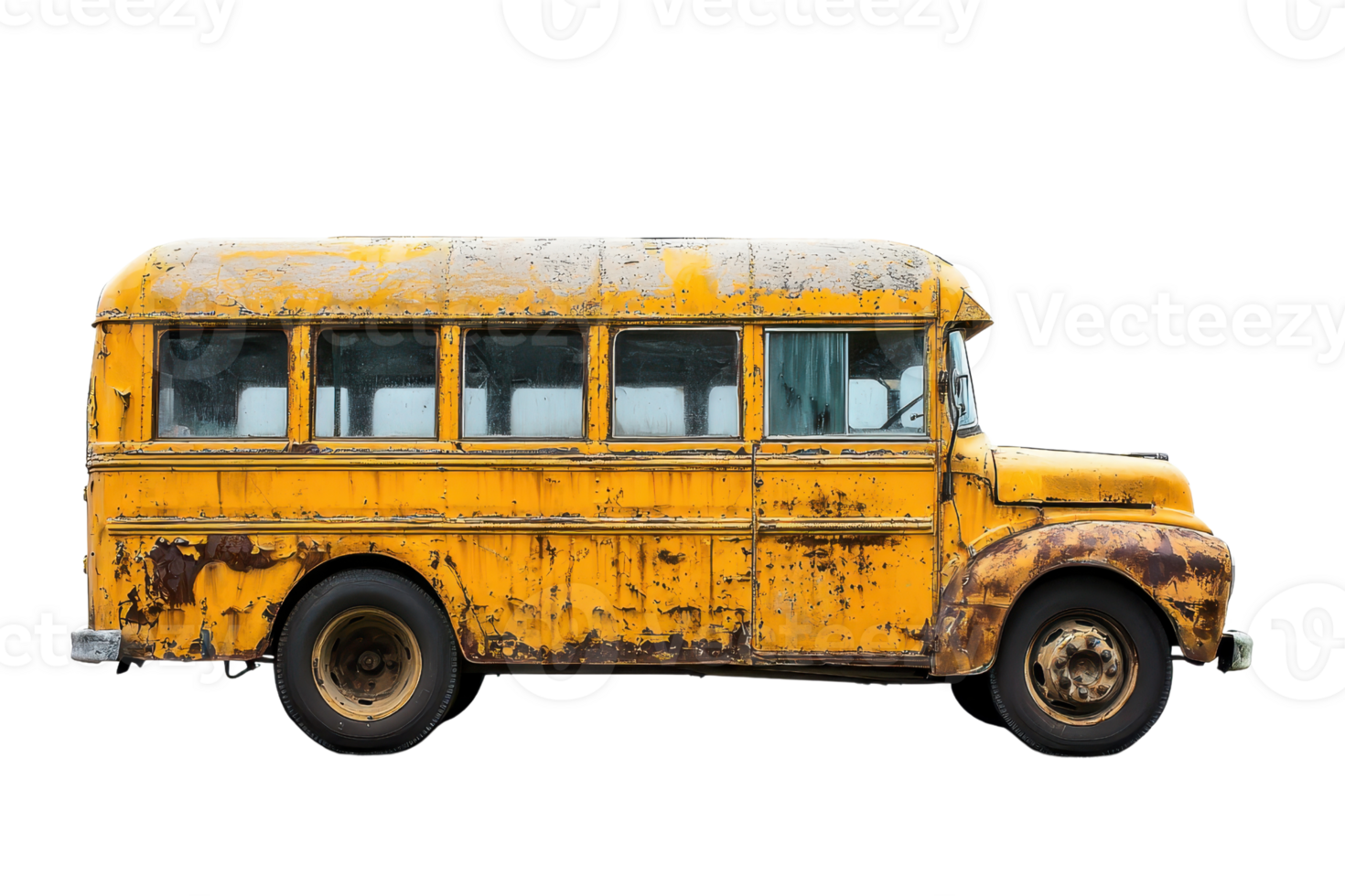 Old yellow school bus with rust and aged paintwork highlighting vintage charm and nostalgic history isolated on transparent background. png