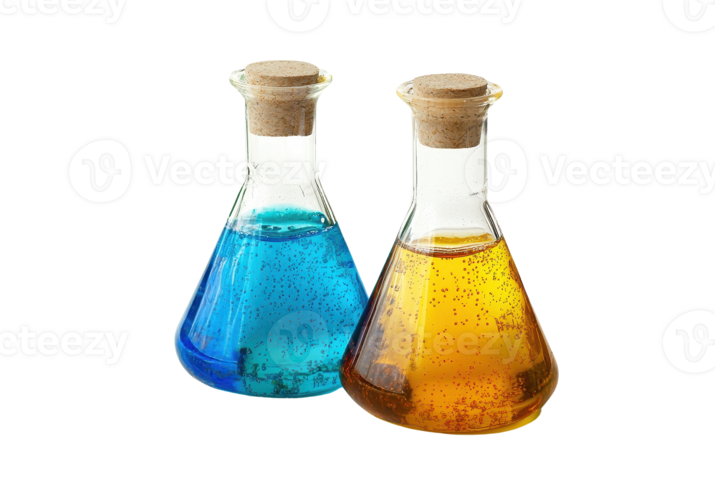 Two chemical flasks filled with blue and yellow liquids, used in scientific experiments and laboratory research. png