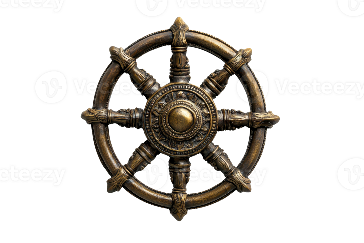 Vintage ship wheel isolated on transparent background. showcasing nautical theme in brass tones, perfect for maritime design projects and decor. png