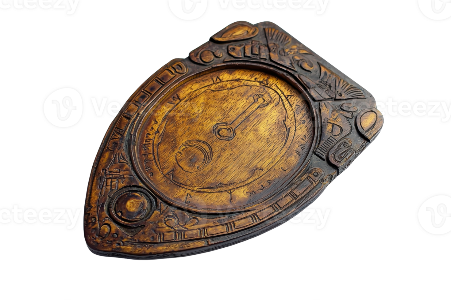 Vintage wooden Ouija board planchette with intricate carvings on a transparent background. Perfect for spiritual and mystical themes. png
