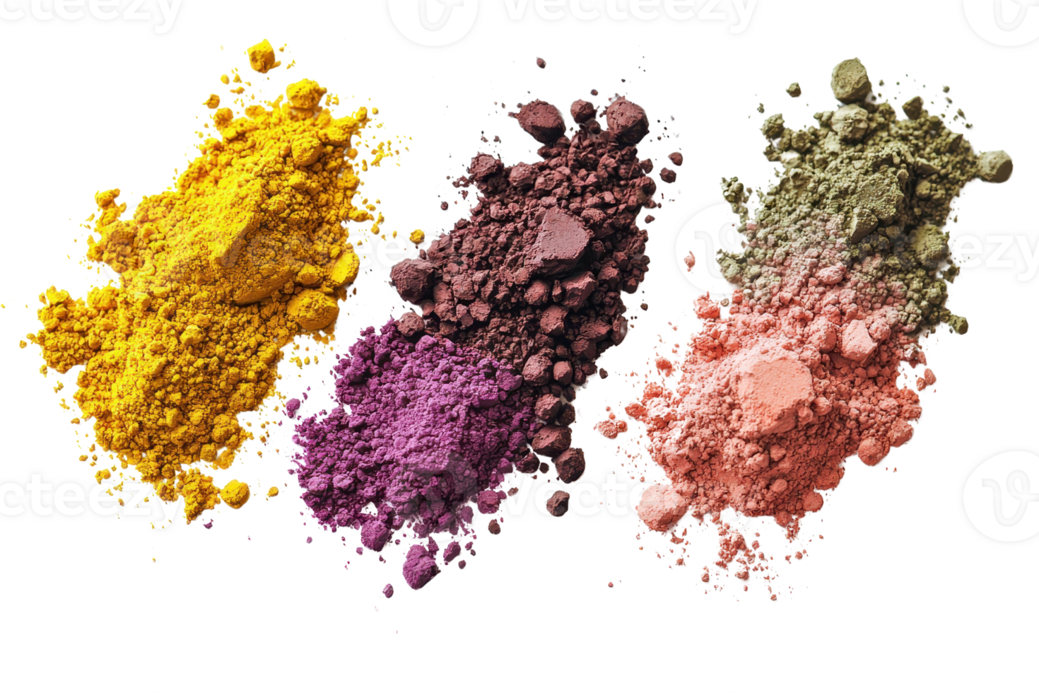 Vibrant and colorful powder pigments in yellow, purple, and green on a transparent background. Ideal for art, design, and creative projects. png