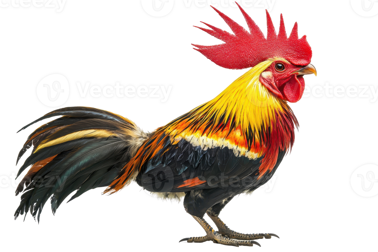 Vibrantly colored rooster with bright red comb and multicolored feathers, standing on a transparent background. showcasing its stunning plumage. png
