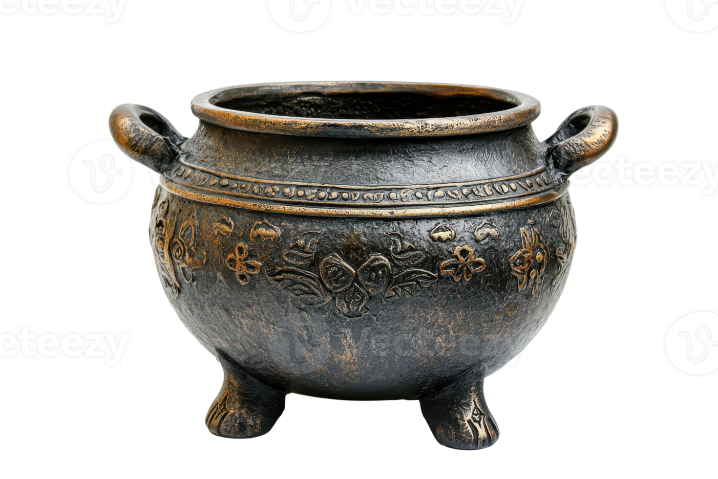 Antique bronze cauldron with ornate engravings, perfect for historical or fantasy-themed decor, showing detailed craftsmanship and patina. png