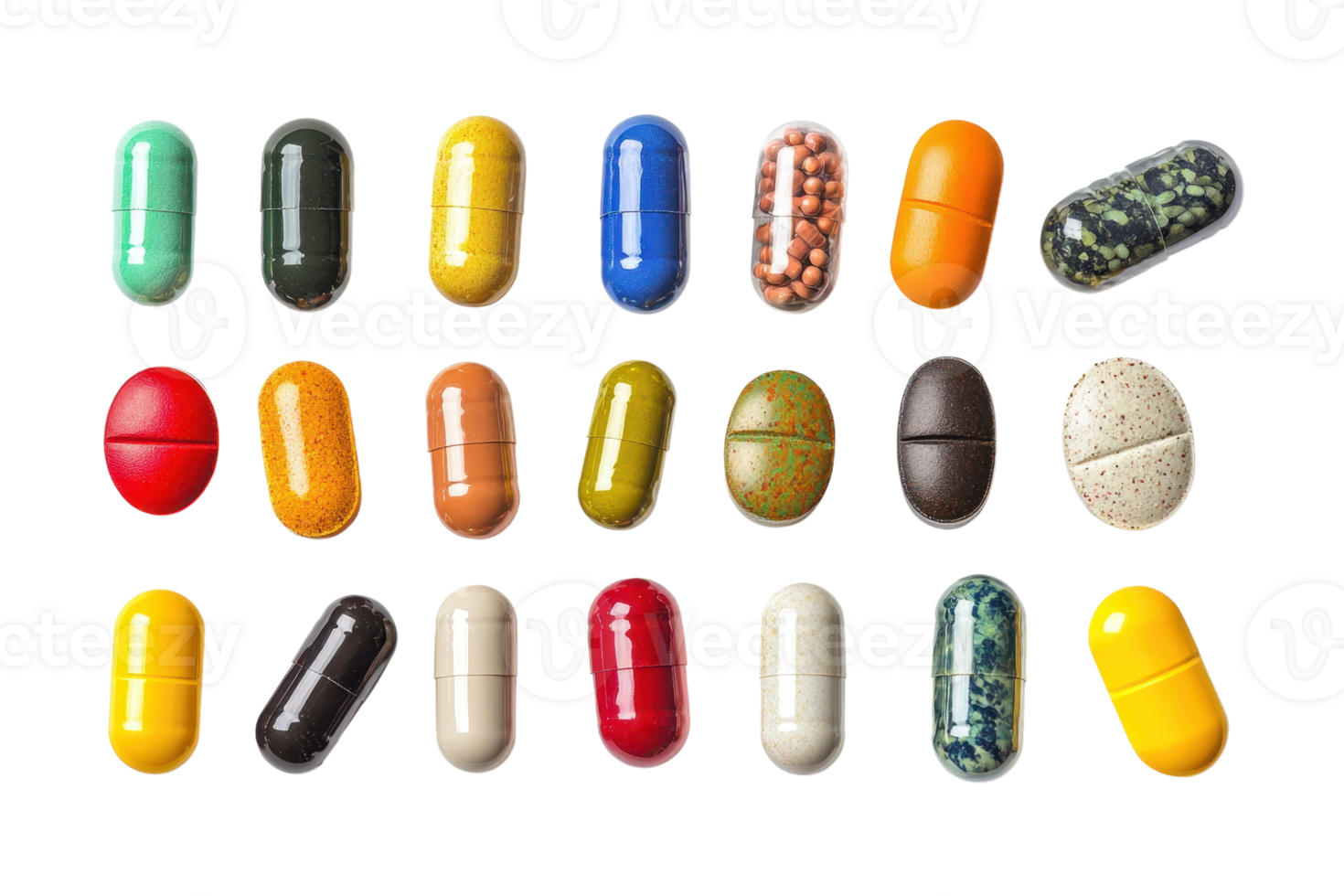 A variety of colorful capsules and pills arranged in rows, showcasing different shapes, sizes, and colors on a transparent background. png
