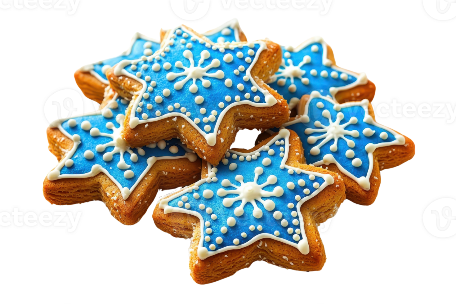 A stack of beautifully decorated star-shaped cookies with blue and white icing. Perfect for holidays, celebrations, and cozy moments. png