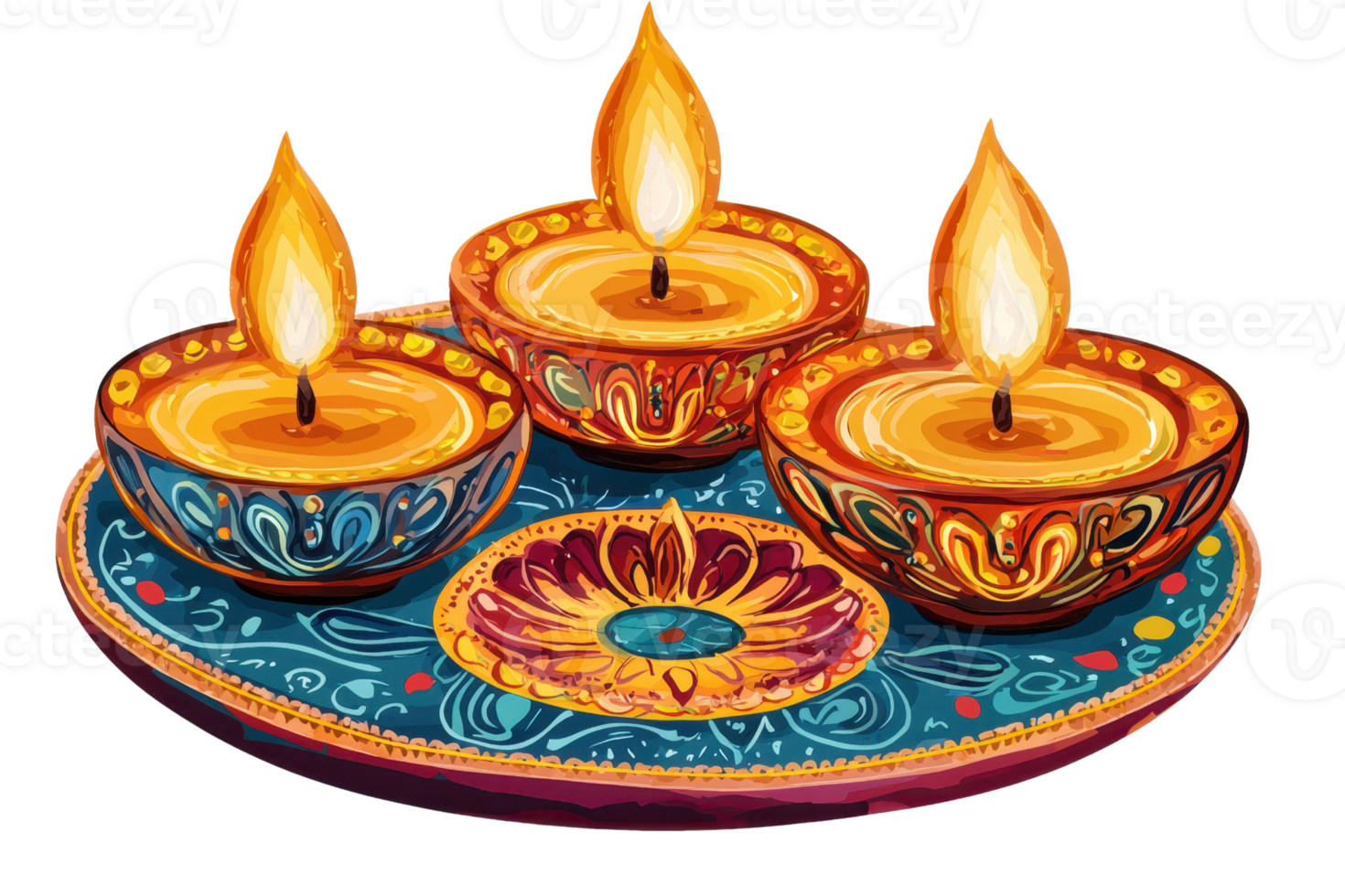 Artistic illustration of three lit candles on an ornate plate, symbolizing light, warmth, and celebration, perfect for festive decor. png