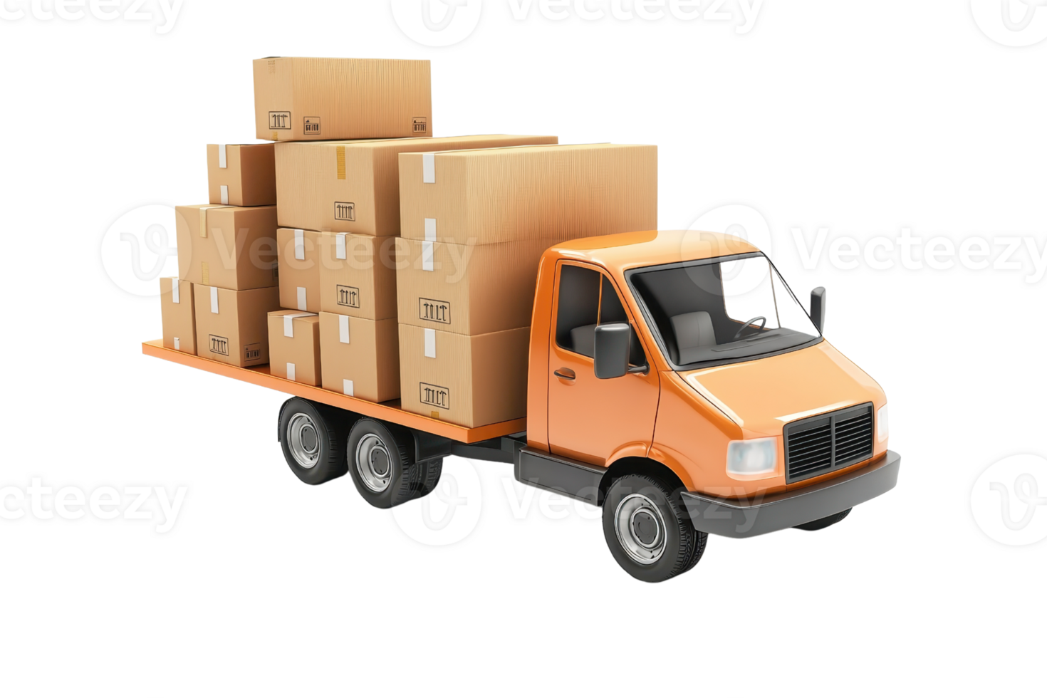 A truck loaded with cardboard boxes, ready for delivery and transportation. Ideal for logistics and shipping concepts. png