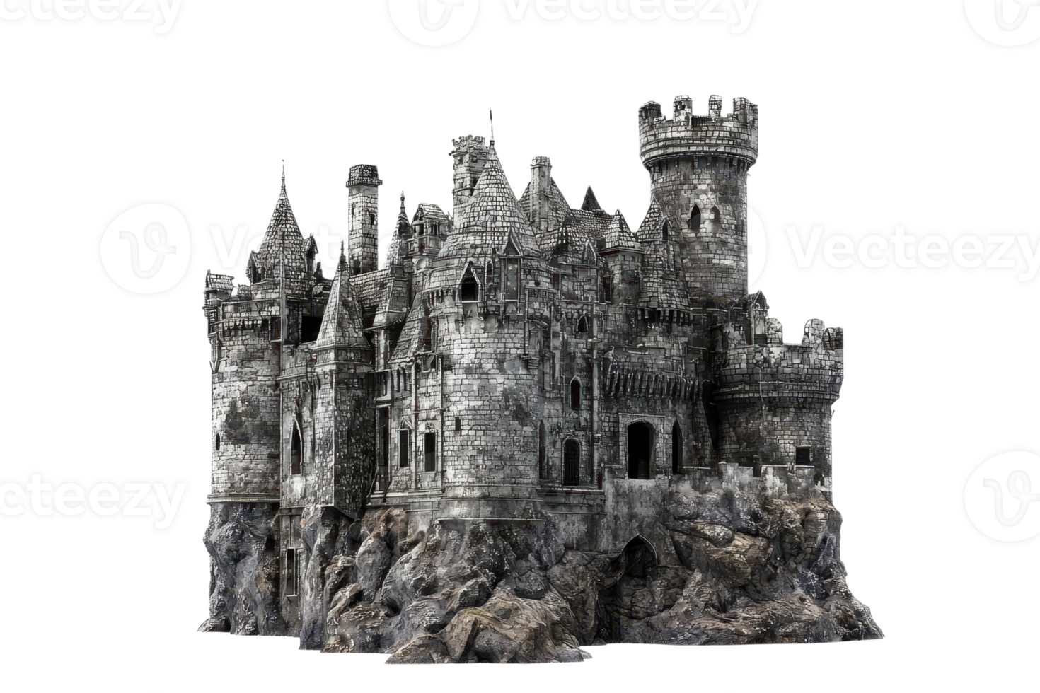 Ancient stone castle perched on rocky ledge, showcasing medieval architecture and historical heritage. Isolated on a transparent background. png
