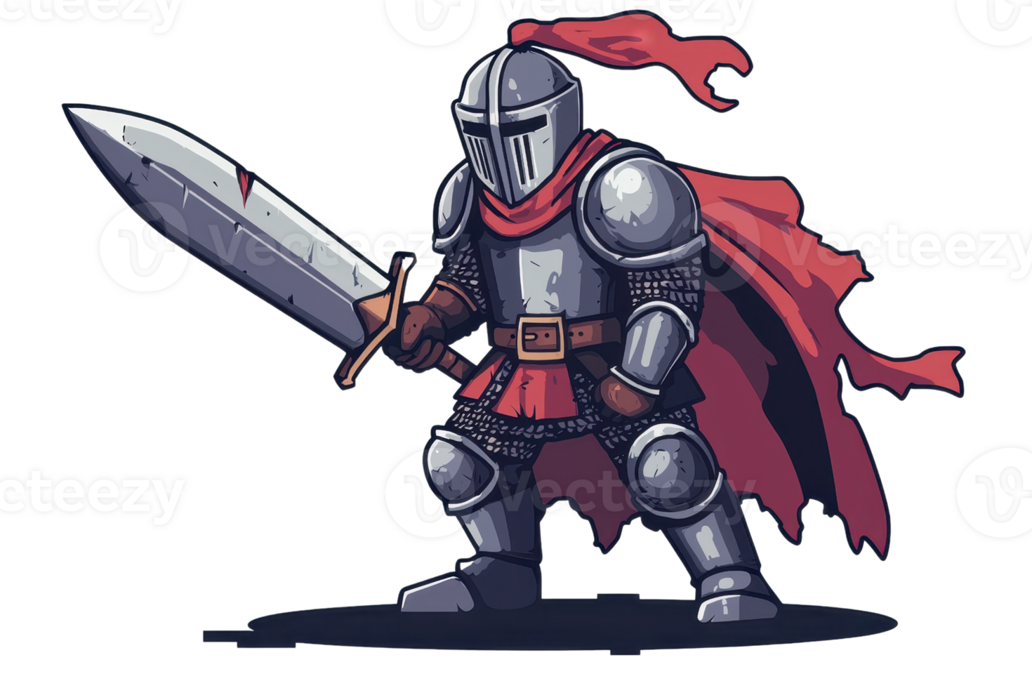 Cartoon knight in armor with a red cape and sword, ready for battle, isolated on transparent background. png