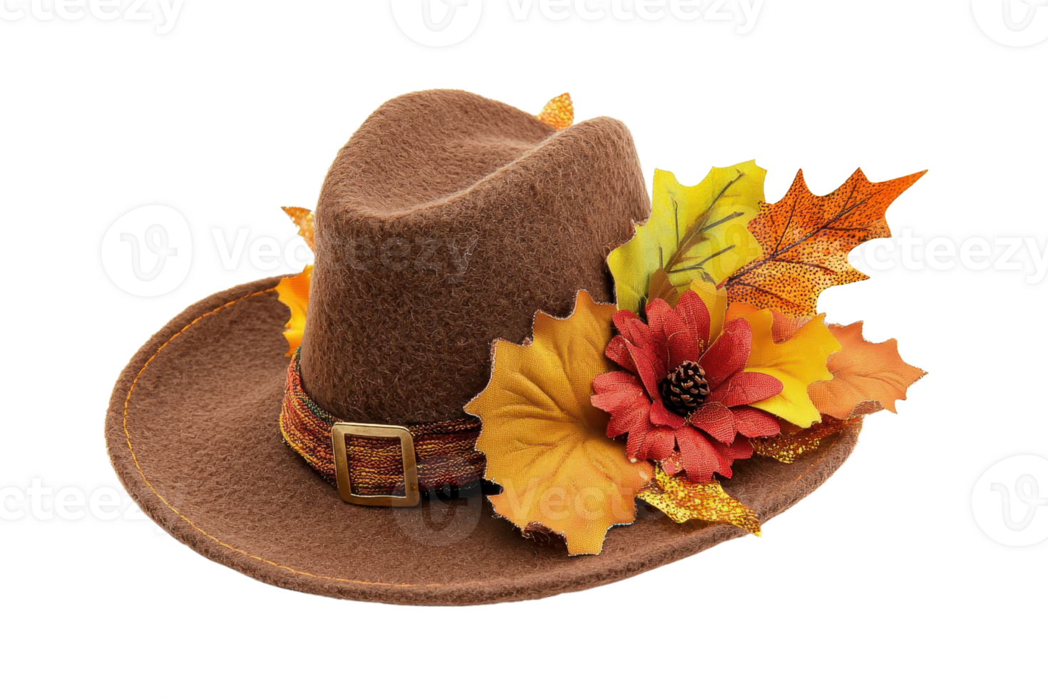 Brown felt hat decorated with autumn leaves and a flower, symbolizing the fall season. Perfect for seasonal fashion and festive occasions. png