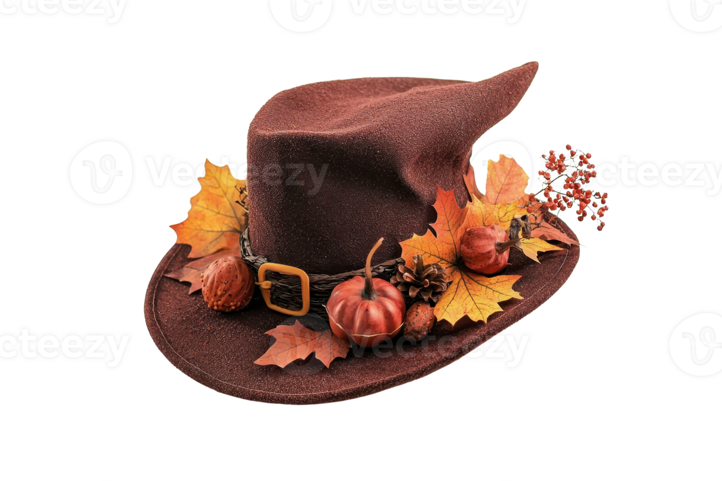 Brown felt witch's hat adorned with autumn leaves, small pumpkins, and pine cones. Perfect for Halloween and fall decor. png