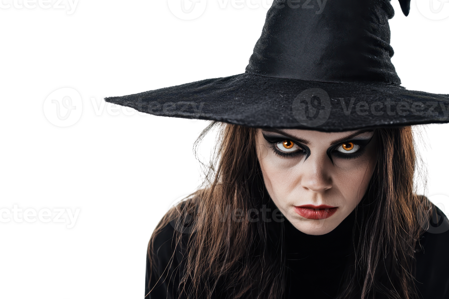Close-up of a woman in a witch costume with dark makeup and a hat, glaring intensely at the camera. png