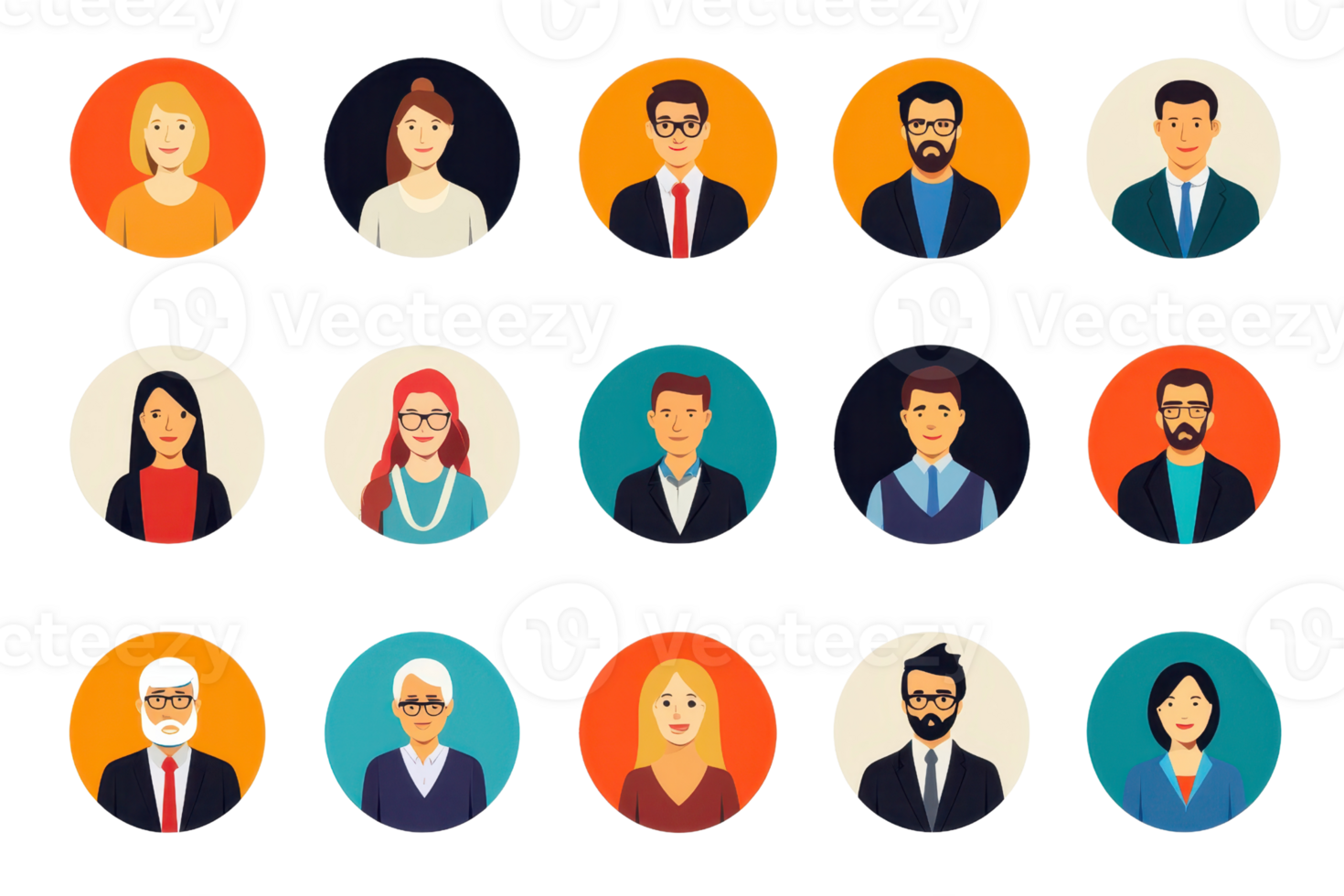 Collection of diverse professional avatar icons in colorful circles, perfect for websites, profiles, and user interfaces. png