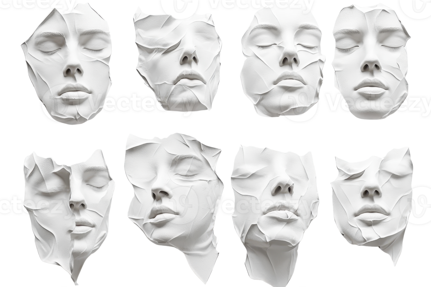 Collection of abstract white sculpted faces with various expressions and distortions, isolated on transparent background. png