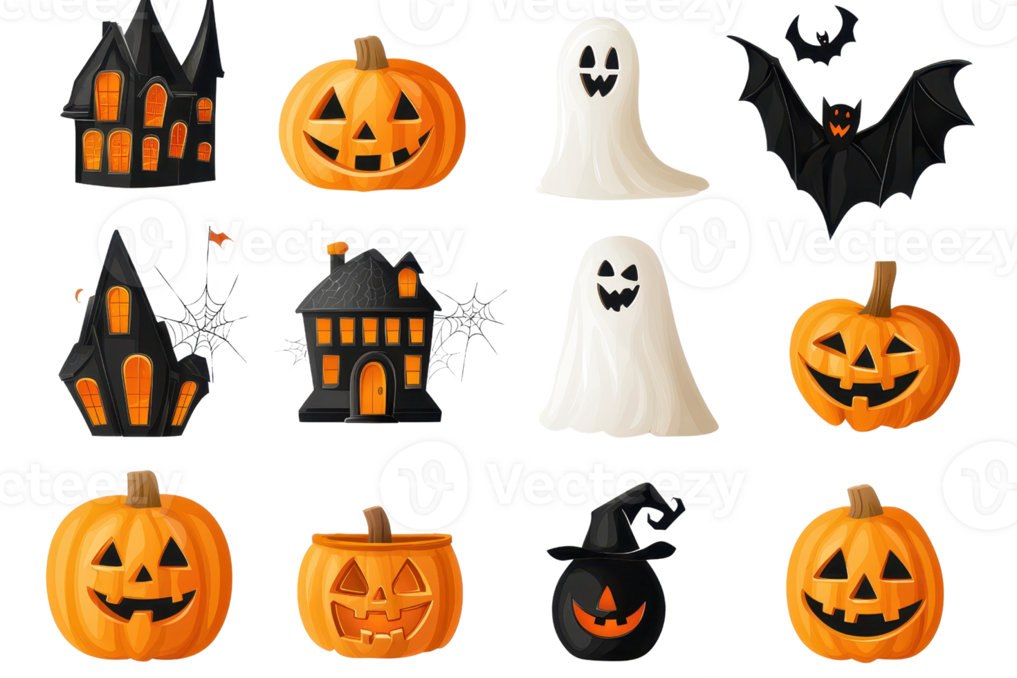 Collection of Halloween elements including pumpkins, ghosts, bats, and haunted houses. Perfect for holiday decorations and themed designs. png