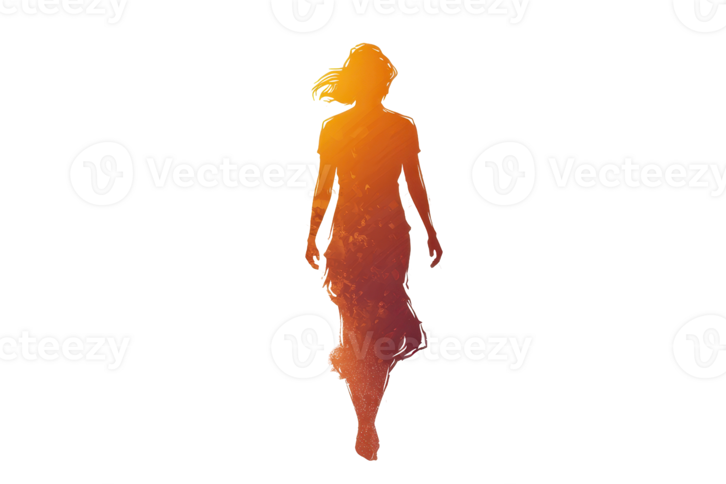 Silhouette of a woman with a vibrant, gradient effect, blending orange and yellow hues, walking gracefully in a minimalistic design. png