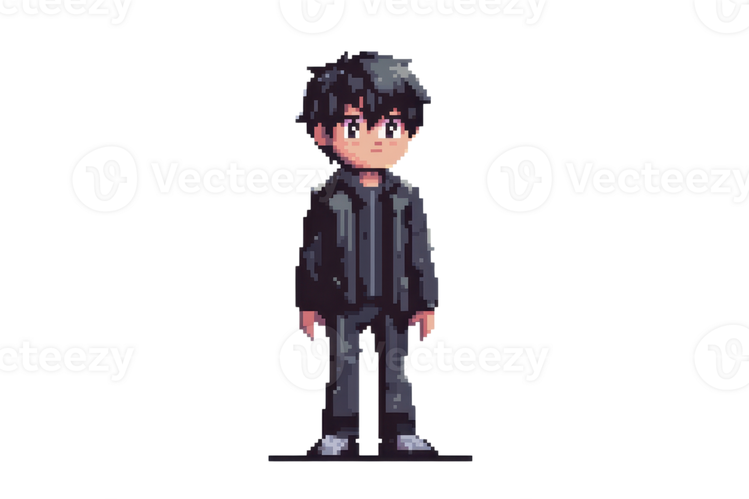 Pixel art character of a young boy with black hair, wearing a black outfit, standing with a neutral expression. Retro and nostalgic style design. png