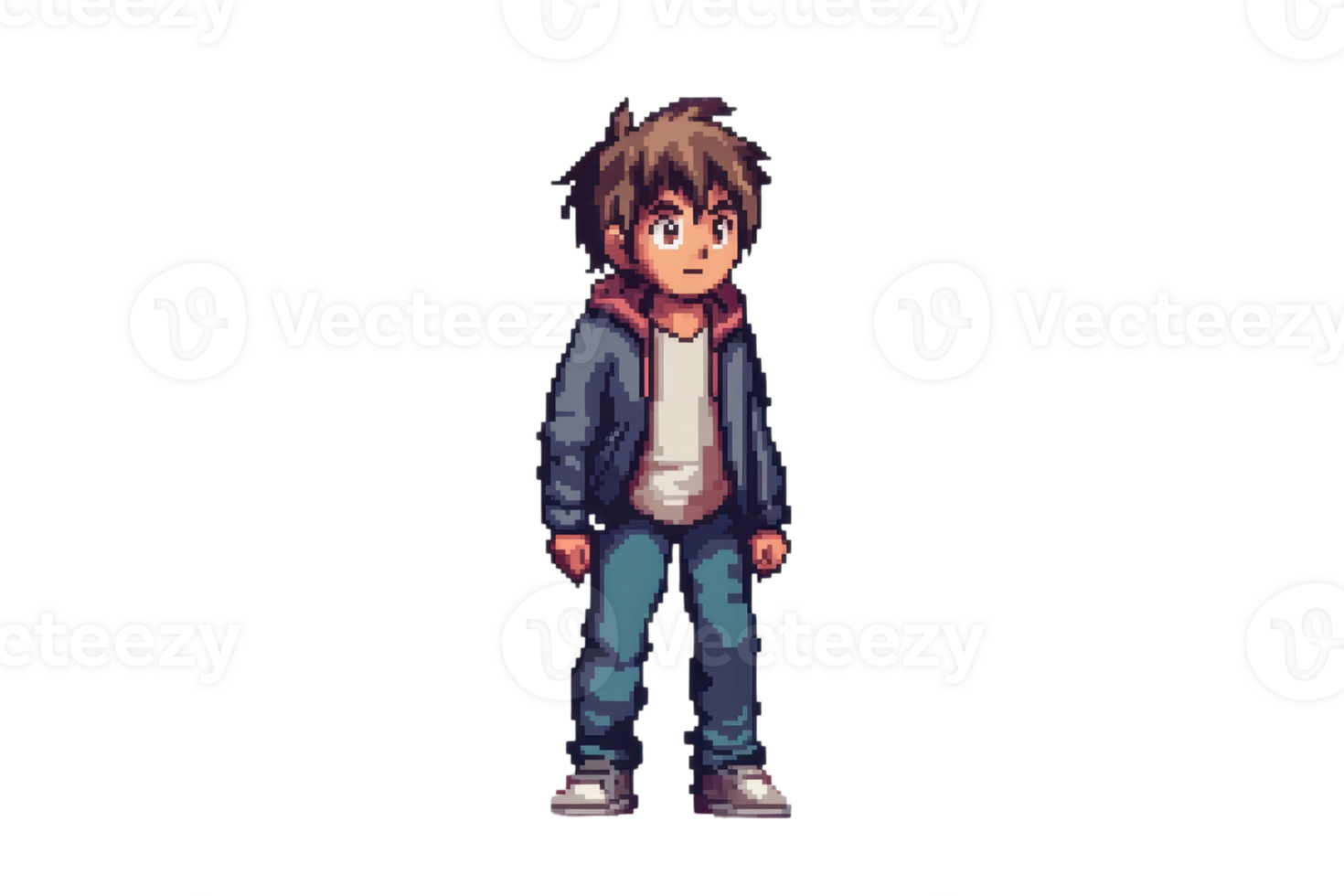 Pixel art of young boy in casual outfit. Standing pose with brown hair, wearing jacket, jeans, and sneakers. Detailed sprite for videogame projects. png