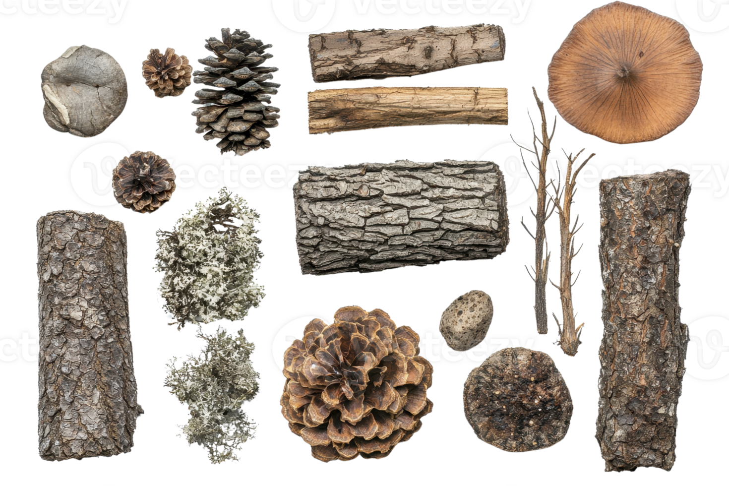 Collection of natural forest items, including pine cones, logs, mushrooms, and twigs, arranged on a transparent background. png