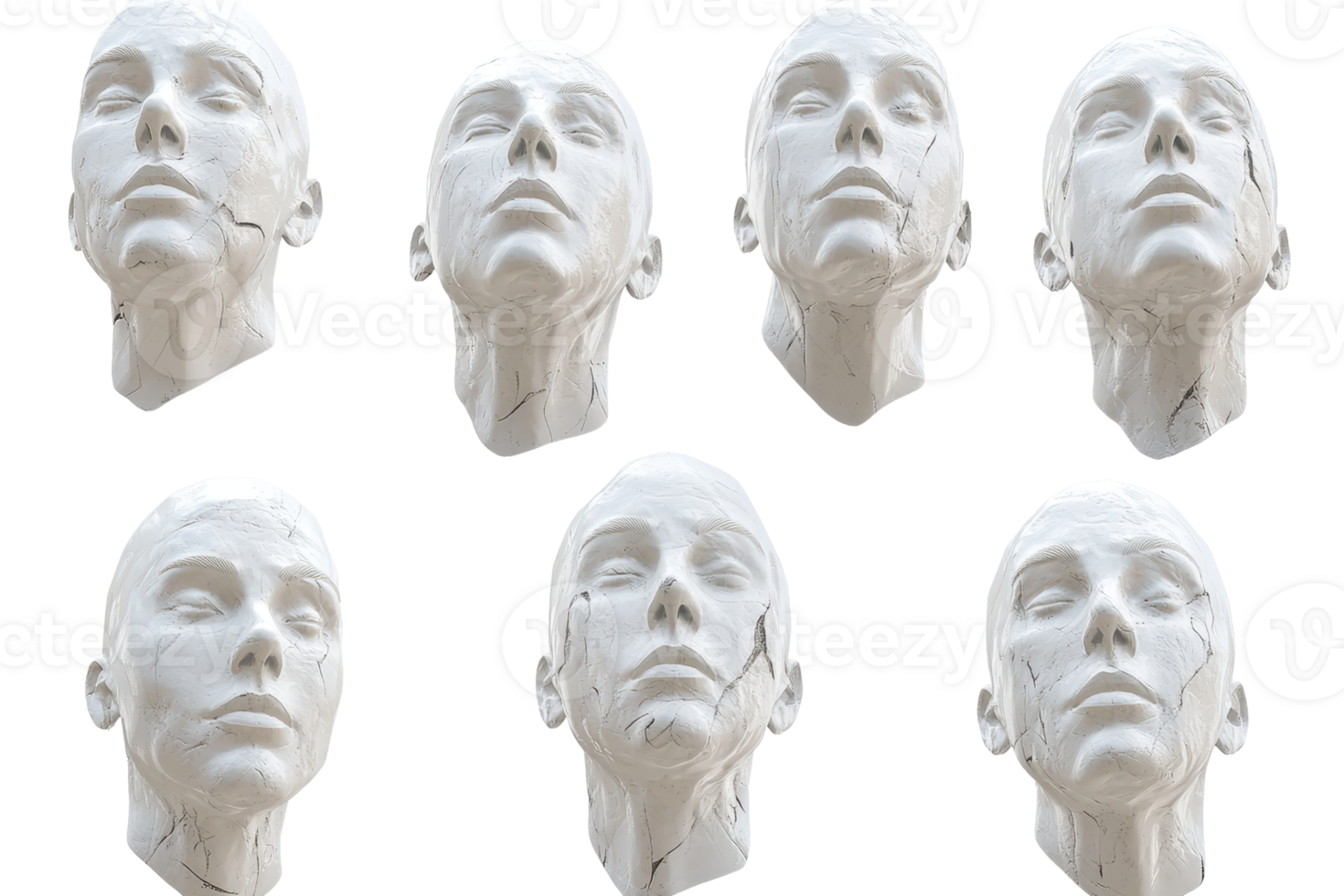 Collection of seven white mannequin heads, each showing different angles and expressions, isolated on a transparent background. png