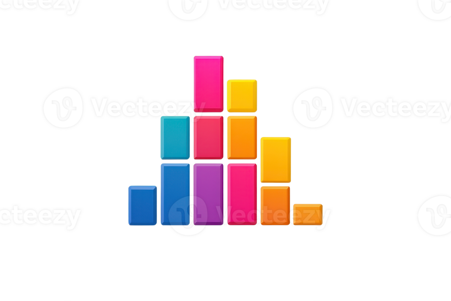 Colorful bar graph icon in minimalist design, featuring multicolored bars in a pyramid layout against a transparent background. png