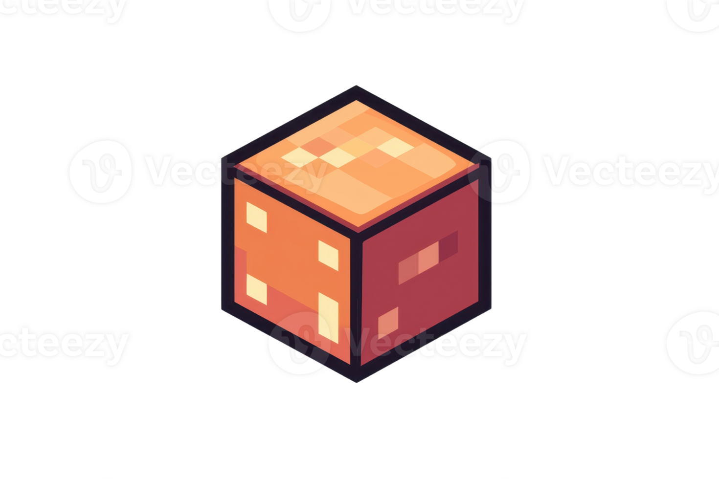Pixel art illustration of a 3D orange cube with glowing highlights, ideal for game design, app icons, and digital artwork. png