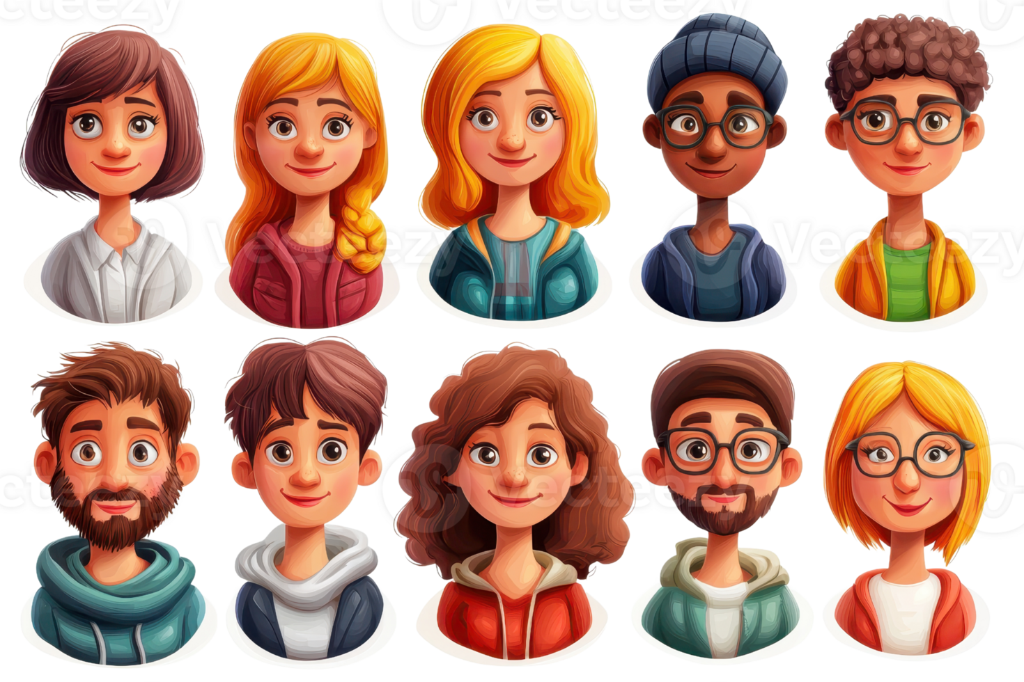 Colorful cartoon avatars showcase diverse group of ten people, each with unique hairstyles and outfits, perfect for representation and illustration. png