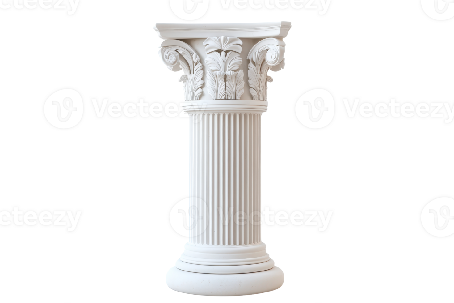 Elegant white Corinthian column with intricate leaf designs, perfect for architectural and artistic themes in high-resolution stock image. png