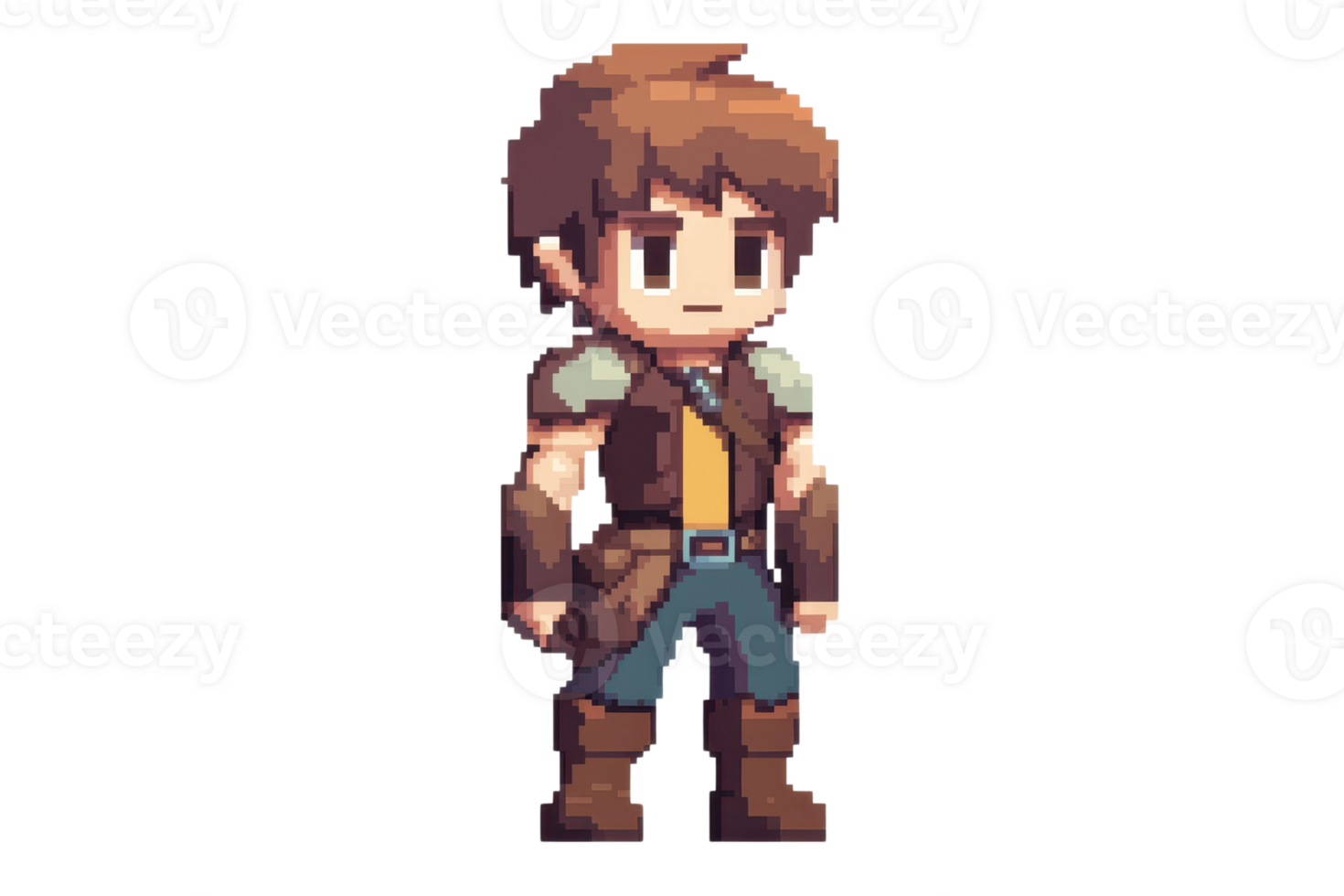 Pixel art character sprite of a young adventurer with brown hair and medieval attire, perfect for games and digital projects. png