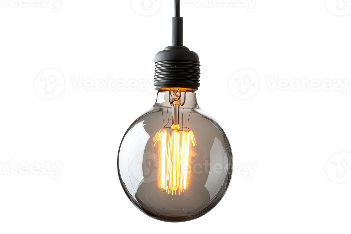 A close-up of a glowing vintage-style lightbulb hanging against a transparent background. showcasing its filament design and warm illumination. png