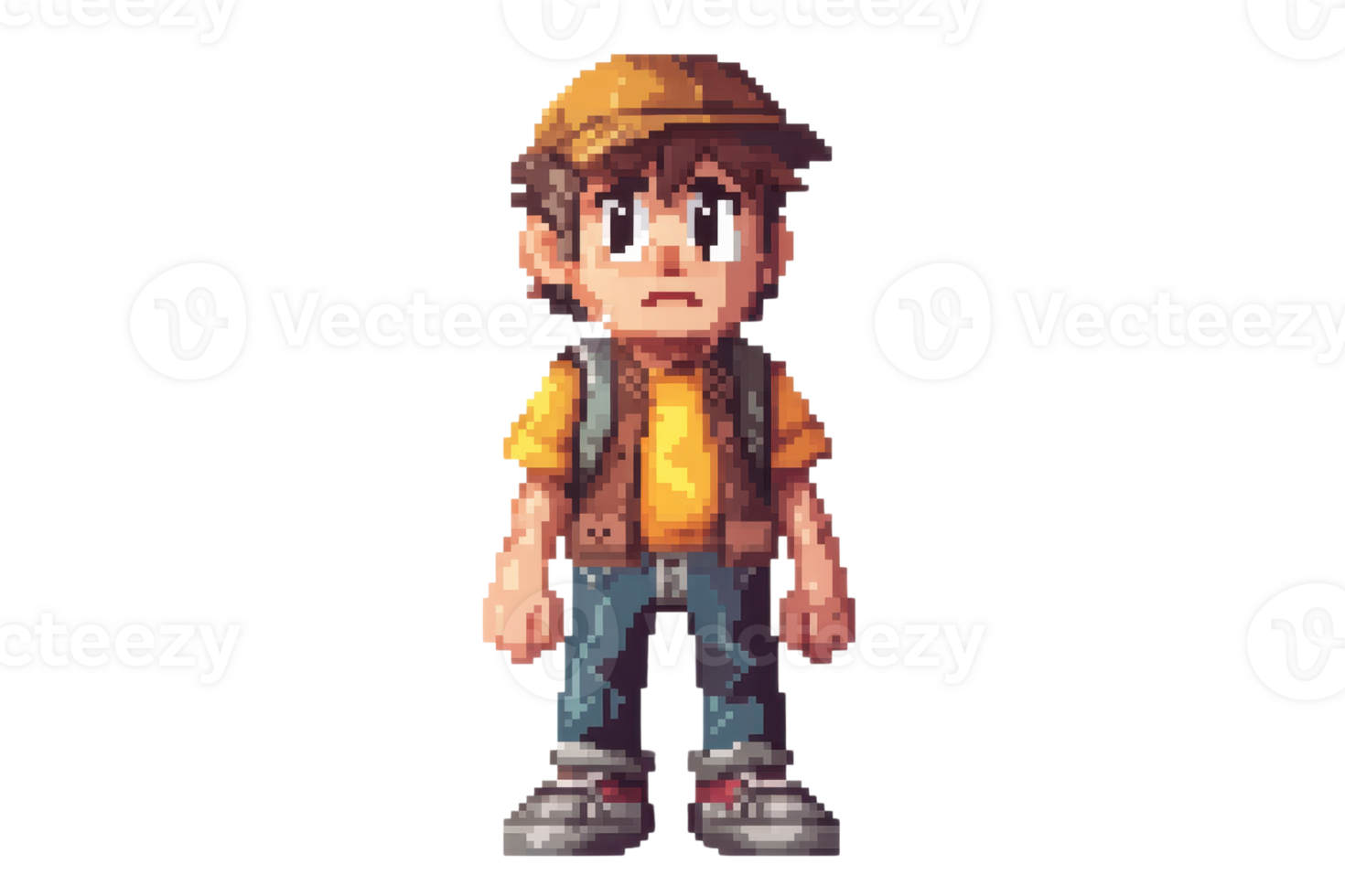 Pixel art character of a boy wearing a yellow cap, orange shirt, and backpack, reminiscent of games. Youthful and adventurous. png