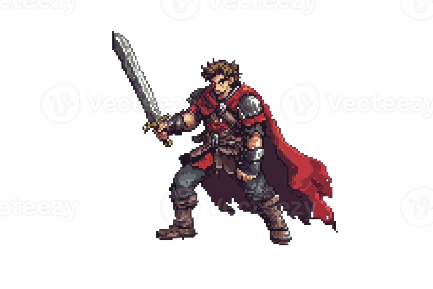 Pixel art of a warrior holding a sword, wearing armor and a red cape, ready for battle. Perfect for game design and fantasy themes. png