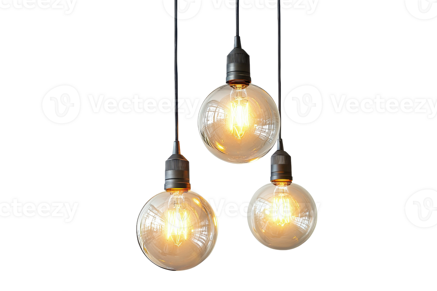 Three hanging vintage Edison bulbs glowing with warm light, perfect for interior design and modern lighting concepts. png