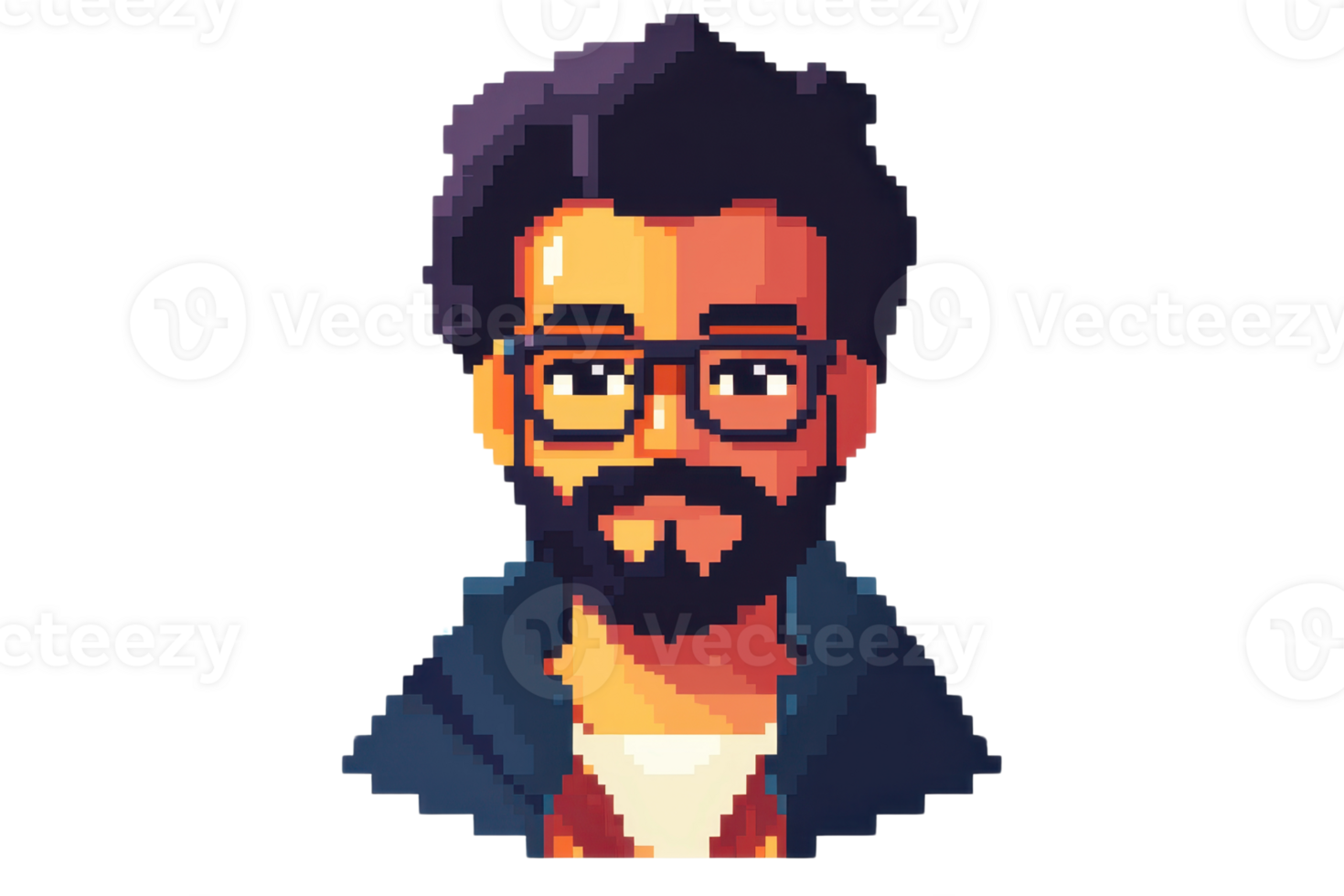 A pixel art illustration of a bearded man wearing glasses, depicted in a colorful and retro 8-bit style. png