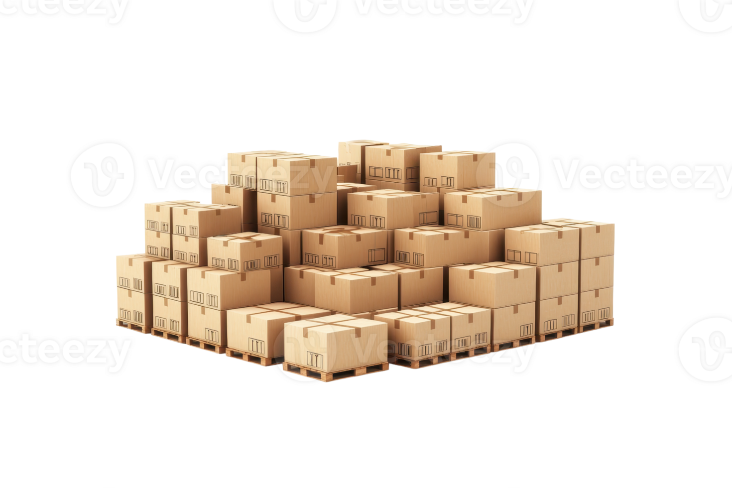 A stack of brown cardboard boxes of various sizes arranged together on a transparent background. suitable for shipping, storage, or moving purposes. png