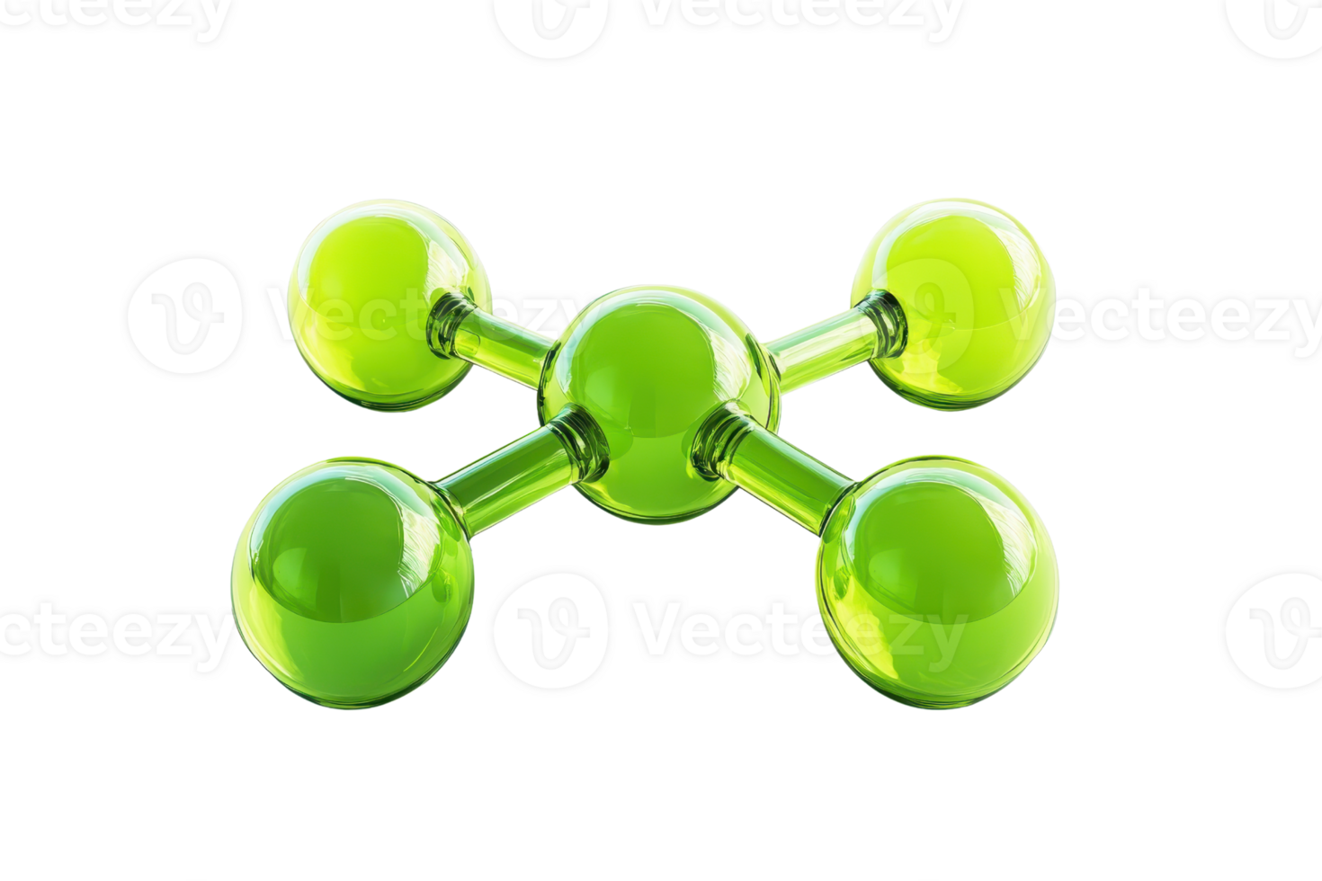 3D green molecule model with single central atom and four connected atoms, representing scientific and chemical structures. png