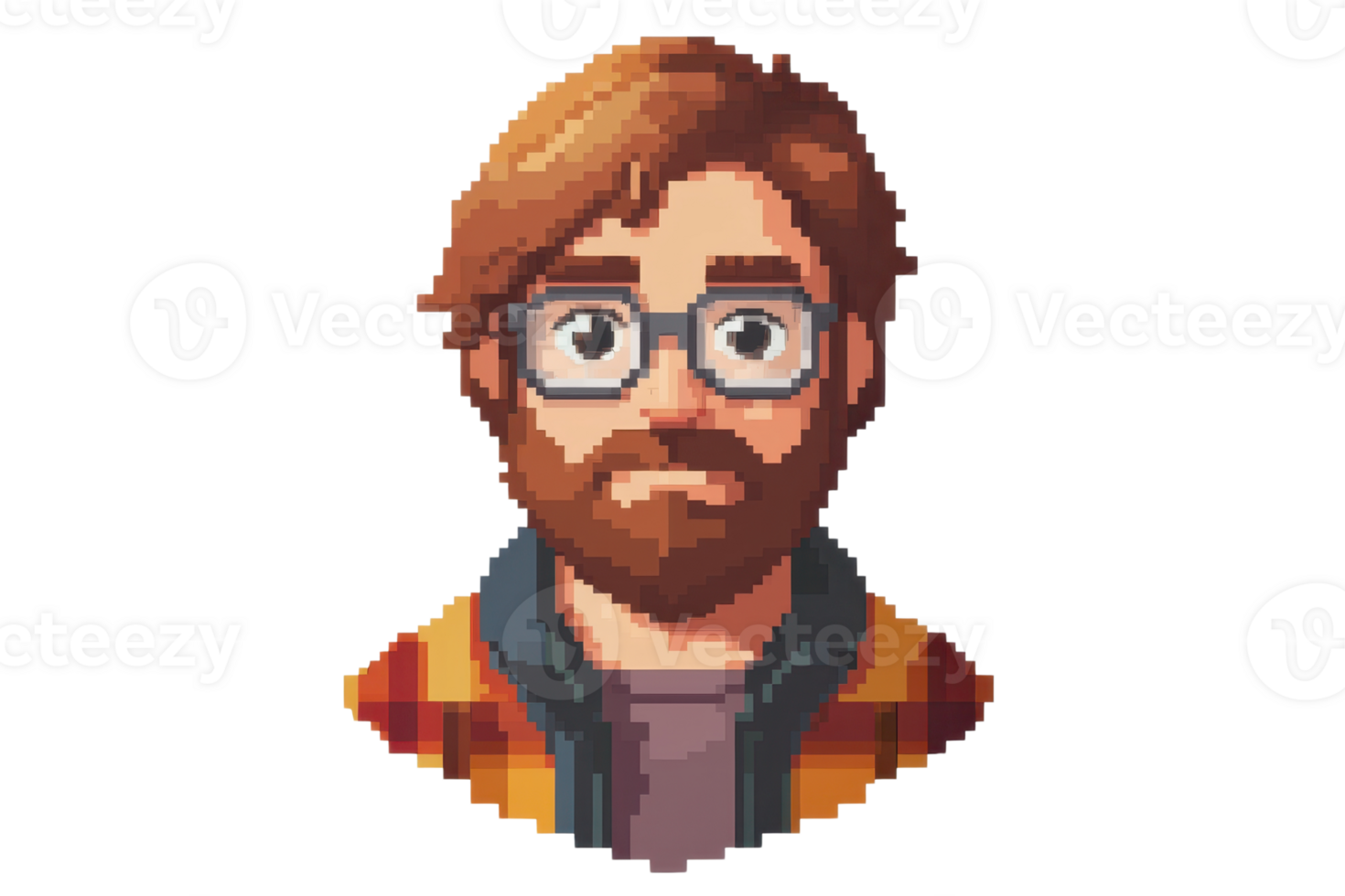 Pixel art image of a man with glasses and beard, wearing a plaid shirt and jacket. Retro game character design. png