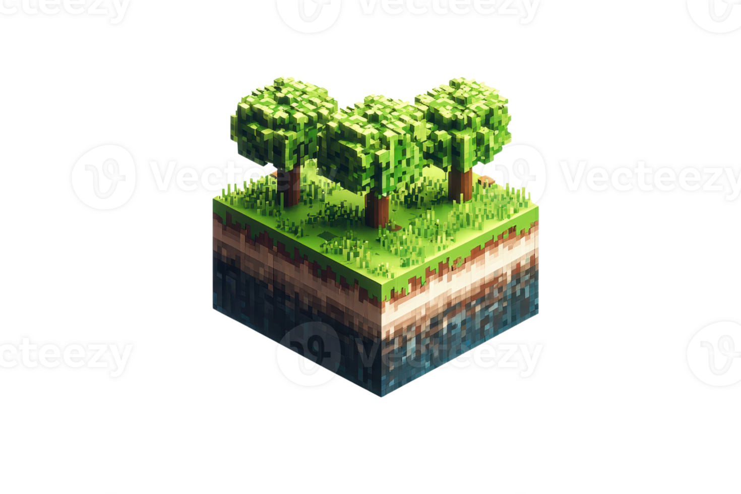 Isometric 3D pixel art block featuring green trees on grassy terrain, with soil and rock layers visible, inspired by voxel graphics. png